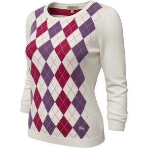 Burberry London Womens Pink Purple Argyle Striped Cotton Sweater Made in Italy M